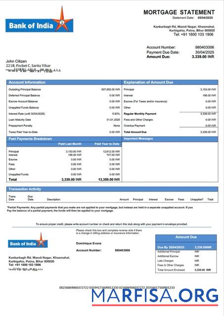 Downloadable India Bank of India mortgage statement Word and PDF template